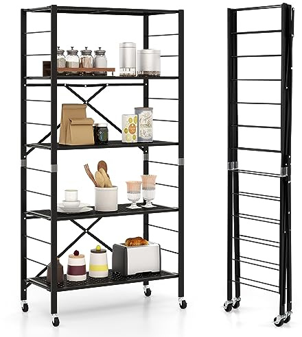 GIANTEX Standregal mit Rollen, Klappbares Regal mit 5 Ebenen | Lagerregal in 3 Kombinationsmöglichkeiten für Garage & Küche, 76 x 34,5 x 153 cm