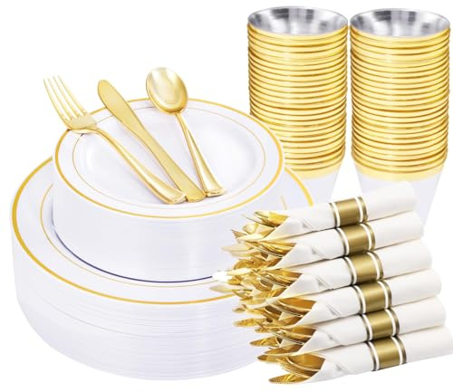 WELLIFE 210 Piece Gold Plastic Dinnerware Set, Include: 30 Dinner Plates, 30 Dessert Plates, 30 Pre Rolled Napkins with Silverware and 30 Cups