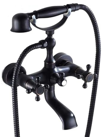 ZYCDP Retro Badewannenarmatur mit Handbrause Messing Zweigriff Wannenbatterie Wasserhahn Badewanne Wandmontage Dusche Set, Schwarzer Antik A