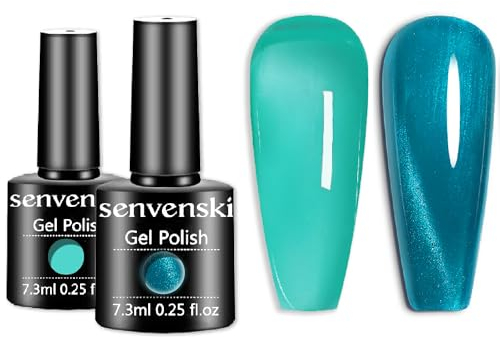 Senvenski Teal Blue Jelly Gel Nail Polish Kit, Cat Eye Magnetic Gel Polish, Glass Blue Translucent Colours with Milky Sheer Finish | Vegan UV/LED Nail Art Kit Gift for Women (CS2-018)