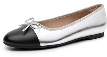 DREAM PAIRS dammössa tå balettskor, bogseringston, rosett slip-on bekväma uppklädda affärer vardag arbete kontor ballerina finskor, Silver-pu, 42 EU