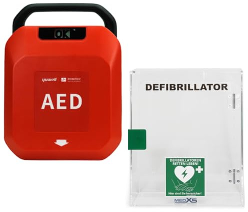 Erste Hilfe Defibrillator & Acryl Wandkasten ohne Alarm mit automatischer Schockabgabe Primedic HeartSave YA, 8 Jahre Garantie des Herstellers, Made in Germany, Sprache: DE/EN