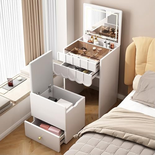 Schminktisch- Und Hocker-Set Mit LED-beleuchtetem Spiegel, Mini-Flip-Top-Kompaktkommode Für Kleine Räume, Schminktisch Mit Stauraum Und Stuhl, Einfache Mobilität Und Leise Schublade Ernqi(Weiß,19.7in)