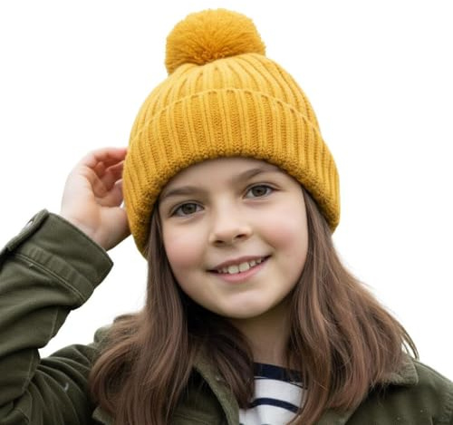A2Z 4 Kids Flickor Pojkar Hattar Räfflad Stickad Bobble - Hat KH1028 Yellow 7-10