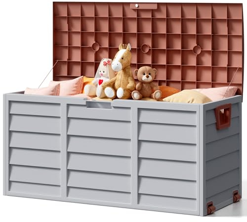 The Fellie Garden Storage Box with Wheels, 290L Lockable Garden Storage Boxes Waterproof, Plastic Outside Storage Box for Gardening Tools, Cushions, Toys, 112x49x54cm, Grey
