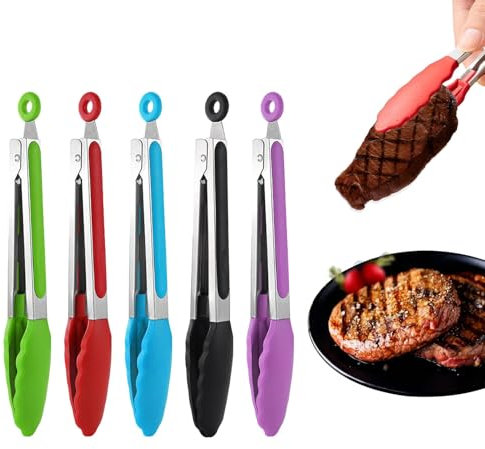 5er Set Küchenzange - Hitzebeständige Grillzange Mit Silikonspitzen Zum Kochen - Premium Edelstahl und BPA-freie Silikonspitzen für Salat, Kochzange