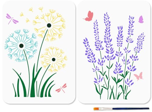 MAYJOYDIY 2 Stück Löwenzahn Schablone Lavendel Kunstschablonen 30 × 30cm Wiederverwendbare Schmetterlings Bastelschablone Mit Pinsel Libellen Pflanzen Vorlage Zum Basteln Auf Fenster Holz Wand