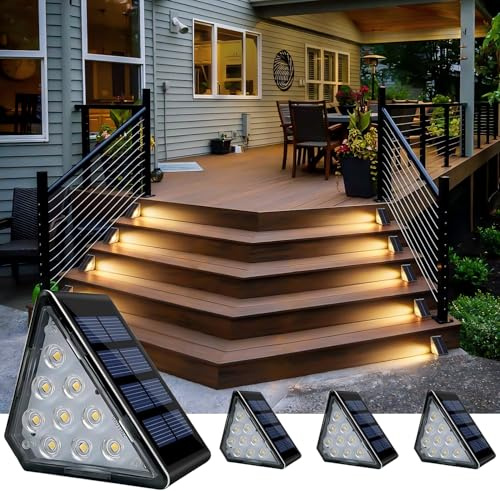 Indmird Solar Step Lights 4 Pack, Outdoor Stair Lights with Auto On/Off | 3000K Warm White IP67 Waterproof Solar Outdoor Lights for Stairs Fence Step Yard Pathway Patio Garden