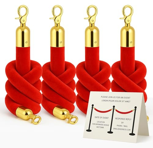 4PCS Red Velvet Rope 6,5FT – 6.5FT Velvet Ropes Crowd Control Durable Thick Barrier Cords for Poles and Posts Elegant Stanchion Cord for Red Carpet Events VIP Parties