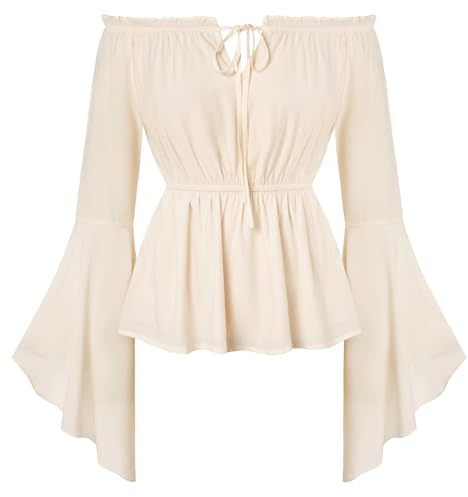 Scarlett darkess renässans toppar för kvinnor axellös långärmad elastisk midja peplum medeltida blus, Aprikos, S
