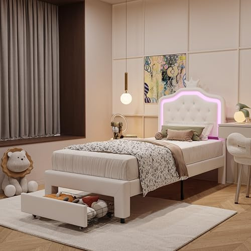 LONELYO Prinzessinnenbett 90 x 200 cm für Kinder mit LED und Schubladen – modernes Bett aus weißem Kunstleder mit integrierter Aufbewahrung und LED-Beleuchtung