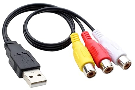 Kfwfuaee Cable de sonido de vídeo AV hembra a 3RCA USB macho a 3 RCA, conectores moldeados en relieve para dispositivos de esquina estrecha, cable compuesto de PVC USB AV