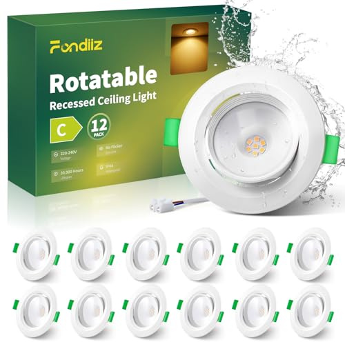 Fondiiz LED Einbaustrahler 230V Flach, Deckenspots Schwenkbar 3W 430LM, IP44 LED Spots Deckenleuchte Warmweiß 2700K, Spotlight 70-80mm Lochmaß für Badezimmer, Küche, Wohnzimmer, Schlafzimmer, 12er Set