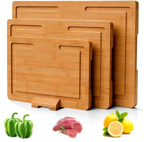 Set med 3 skärbrädor, träskärbräda, 40,7 x 28 x 1,5 cm/32 x 22 x 1,5 cm/25,4 x 17,8 x 1,5 cm, naturträ, köksbräda med spår för kött, grönsaker och ost