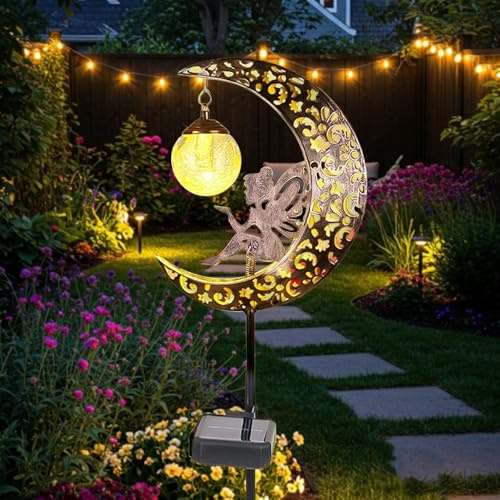Nzkeuf Solar Lights Garden Decorations, Waterproof Outdoor Fairy Moon Lamp with Crackle Glass Globe & Metal Stake Lights for Pathway Lawn Patio Courtyard, Gift for Mom and Garden Lovers