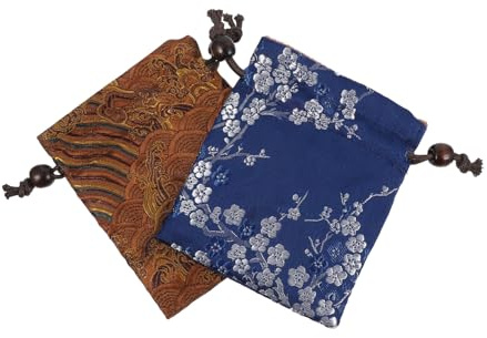 Parliky Lot de 2 Pochettes en Satin Tissé Style Chinois Cordon de Serrage, Paquet Portables Élégants pour Bijoux et Rangement Quotidien, Économise L'espace