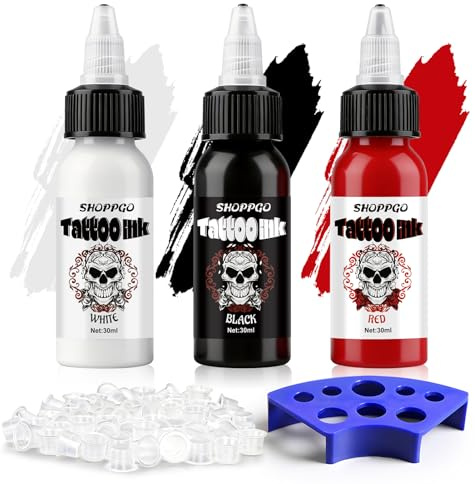 SHOPPGO Dynamic Tattoo Ink, Tattoo Farbe Rot Black Weiß, Tattoofarbe Set | Enthält Tattoo-Tintenbecher, Tätowierfarbenhalter, Lang anhaltende Farbe, Verblasst Nicht Leicht, 30ml*3