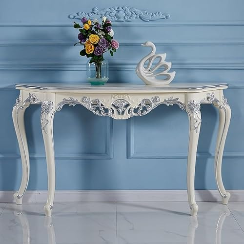 Lyxig Ornate Smal Konsolbord med Handskurna Detaljer, Tunn Ingångssoffbord för vardagsrum, hall, ingång, foyer(White+Sliver,70.9/180cm)