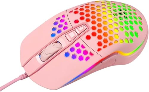 PRIMEGA Souris de Jeu Filaire Ajourée Rose Rétroéclairage Lumineux, 6 Boutons Programmables, Réglage Dpi 4 Niveaux, Souris Ergonomique pour PC Bureau et Ordinateur Portable, Accessoire