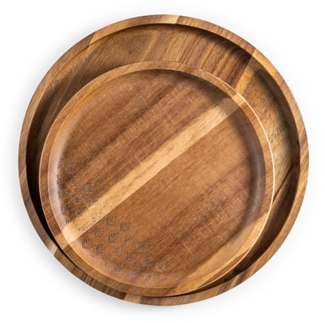 JF JAMES.F Holztablett Rund 2er Set aus Akazienholz, Serviertablett Holz Tablett für Couchtisch & Küche, Rustikales Rund Tablett als Schlemmerplatte, Servierplatte Holz Deko für Frühstück, Party