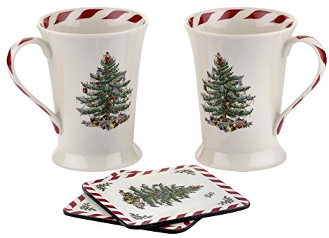 Spode Christmas Tree Pfefferminz-Tasse und 10,2 cm quadratischer Untersetzer, 284 ml