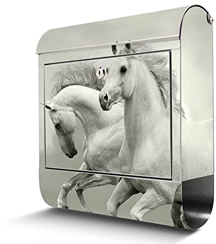banjado Briefkasten Edelstahl 38x43x12cm & 2 Schlüssel - rostfreier Edelstahl Briefkasten mit Zeitungsfach - Postkasten A4 Einwurf inkl. Montagematerial - Motiv Wilde Pferde SW