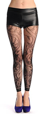 LissKiss Rounded Pearl Flowers With Lace Trim Footless Fishnet - Schwarz Blickdicht Netzstrumpfhose Ohne Fuß (Leggings) Einheitsgroesse (34-42)