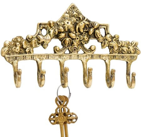IndianShelf Vintage Brass Gold Wall Hooks - Boho Heavy Duty Key & Coat Rack - 6-Prong Decorative Wall Hanger for Entryway, Mudroom & Bathroom (1 Piece)