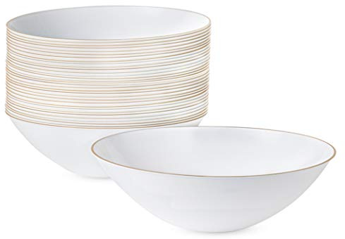 PLASTICPRO [16 OZ 20 Count] White Plastic Floral Design Party Soup bowls With Gold Rim Premium heavyweight Elegant Disposable Tableware Dishes
