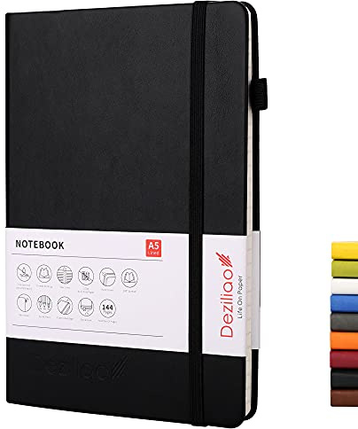 Deziliao Lined Journal Notebooks with Pen Loop, Hardcover Notebook Journal for Work, 100Gsm Premium Thick Paper with Inner Pocket, Medium 5.7x8.4, （Black, Ruled）