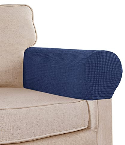 Stretch Sofa Arm Covers Spandex Jacquard Anti-Slip Couch Arm Covers with Sticker Furniture Armrest Protector for Sofa Couch Chair Recliner, Set of 2, Navy