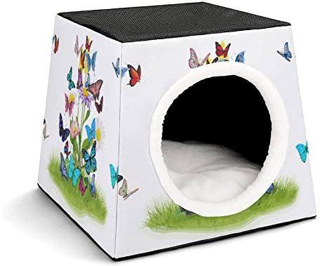 Fashion Capsule Pet Waterloo Foldable Cat House Cat Bed Cat Sofa 3-in-1 Design for Small Pet Colorful Butterfly Plant