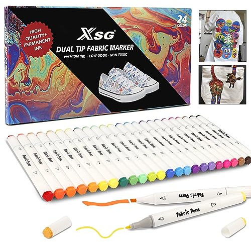 ABEIER Textilstifte Waschmaschinenfest, Stoffmalstifte Wasserfest Textilmarker,24 Farbe Doppelfasermaler Stoffmalfarben Waschfest,Textilfarben Stoffstifte für T-shirts Lätzchen Jutebeutel Babyparty