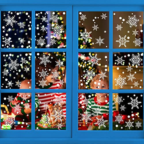 KEYIDO 255 PCS Christmas Snowflake Window Stickers, Static PVC Window Clings, White Snowflake Christmas Decorations, Reusable Window Snowflake Stickers for Christmas Window Display, Home Decor