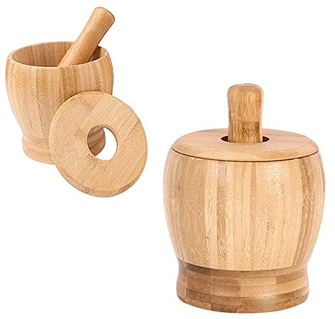 Pamtns Holzmörser Set Mörser mit Stößel aus Bambus Gewürzmörser Kleiner Küchenmörser Stößel Holzmörser Handgefertigt Knoblauchmörser mit Deckel Schleifschale Kräutermörser für Knoblauch Gewürz Nüsse