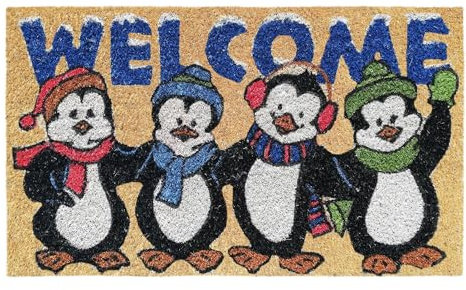 Banzaii Fußmatte für den Winter Weihnachten aus Kokos 40 x 70 cm, mit PVC-Rückseite rutschfest, mit Digitaldruck, Teppich für den Eingang für den Außen- oder Innenbereich - Weihnachten Pinguinen
