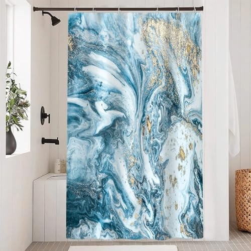 Uiiooazy Tenda Doccia Antimuffa, Tenda da Doccia 120x200cm Blu Effetto Marmo Grigio Bianco Astratta Tende da Bagno Tessuto Lavabile Impermeabile Poliestere Tende per Vasca da Bagno con 8 Anelli