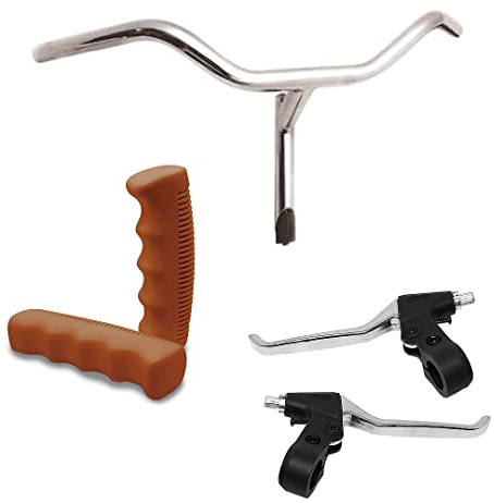 MANUBRIO CROMATO IN ACCIAIO+COPPIA LEVE FRENO + COPPIA MANOPOLE MARRONE- BICICLETTA