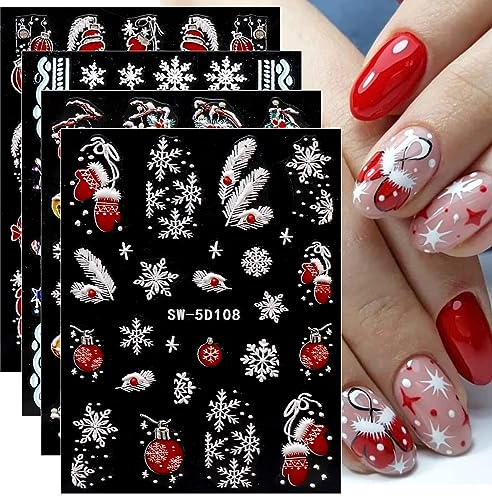 jmeowio JMEOWIO 3D Nagelsticker Weihnachten Nail Art Sticker Selbstklebend Nagelaufkleber 5D Stereoskopisch Winter Schneeflocken Dekoration Nageldesign Zubehör 4 Blatt