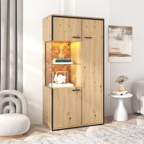 SogesHome Vitrine Buffets Moderner Beistellschrank Sideboard mit 15 Farboptionen LED-Beleuchtung Glastür Großer Stauraum Glasboden Schaukasten Präsentationsmöbel, 78 x 40 x 150 cm