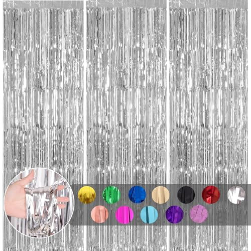 3pcs Silver Metallic Glitter Fringe Curtains, 1*2m Shimmer Wall Tinsel, Tassel Backdrop for Birthday, Christmas Party Decorations