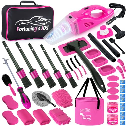 Kit de nettoyage d'intérieur de voiture 47 pièces avec aspirateur de voiture haute puissance, kit de lavage de voiture avec seau et brosse de détail, accessoires de voiture roses pour femme