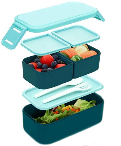 Bugucat Brotdose Kinder mit Fächern 1300ML, 2 in 1 Brotdosen Lunchbox Kinder mit 3 Fächern, Auslaufsicher Bento Box Lunchbox Erwachsene, Vesperdose Frühstücksbox für Mädchen & Jungen BPA-Frei Blau