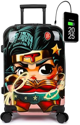 TOKYOTO Valise Cabine Trolley pour Enfants Garçons 55x35x20 55x40x20 cm/Bagage Sac de Voyage avec Serrure TSA, Légère Robuste pour Les Fans De Super-héros et Dessin Animé Connexion USB Wonder Girl