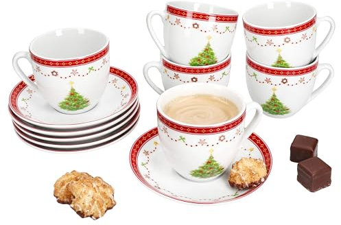MamboCat Weihnachtstraum Tasses à café avec soucoupes pour 6 personnes I Service en porcelaine avec décoration de Noël pour Noël, Saint-Nicolas et la période de l'Avent