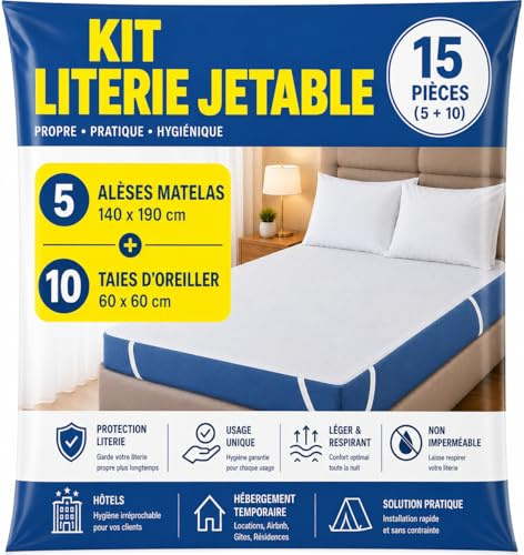 Kit Literie Jetable | 5 Alèses Matelas 140x190 cm + 10 Taies d’Oreiller 60x60 | Protection Literie Usage Unique | Non Imperméable | Hôtels, Hébergement Temporaire