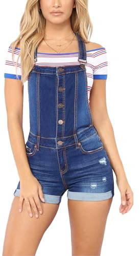 Sukany Women's Casual Distressed Denim Jeans Shorts Overalls Adjustable Straps Button Baggy Bib Dungarees Shortalls Rompers Pant Dark Blue S