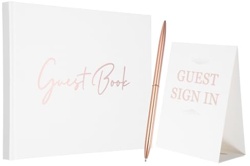 PATIKIL Libro De Invitados 9x7 Elegante Libro De Recuerdos Oro Rosa | Con Tapa Rosa, Para Bodas, Incluye Bolígrafo De Diamante Y Tarjeta De Felicitación, Para Eventos Como Despedidas