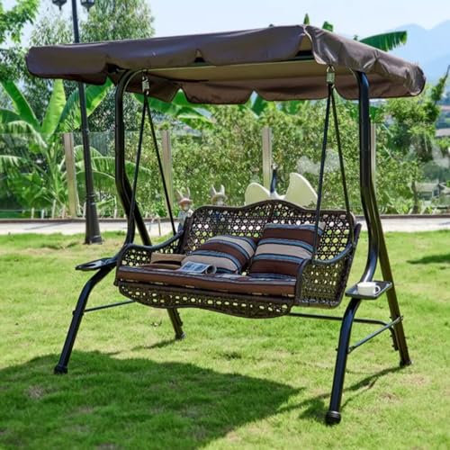 Garden Swing 2 Sitzer, Hollywoodschaukel mit Verstellbarem Baldachin und Getränkehaltern, Rattanstuhl mit Kissen und Polstern, Schwerlastlager, Gartenschaukelstuhl aus Eisen