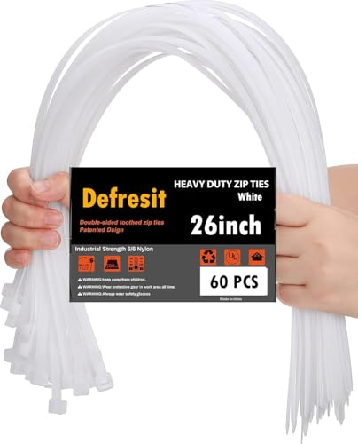 26 inch Large Zip Ties Heavy Duty 60 Packs - Max Load 250 LBS, Work Temp 5 ℉ - 176 ℉ - Long Durable Adjustable Nylon Wire Ties for Both Indoor and Outdoor,（White）